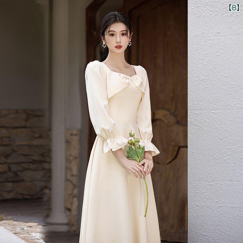 パーティードレス レディース 結婚式 謝恩会 お呼ばれ 春夏 シャンパン ブライズメイド フォーマル ワンピース ロング丈 長袖 プリンセススリーブ オフショルダー Aライン サテン 高級感 着痩せ 上品 清楚 お揃い frontop-13251791 フロントップ楽天市場店 サンプル画像3