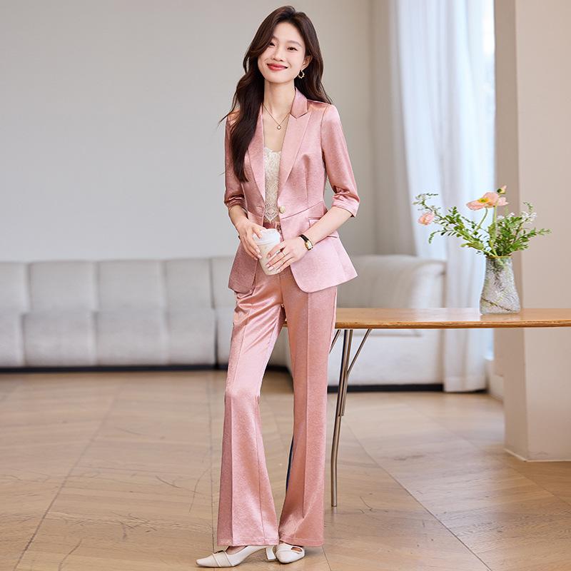 セットアップ レディース テーラードジャケット 事務服 ボトムス アセテート調 サテン 光沢感 七分袖 フレアパンツ シワになりにくい ノーアイロン イージーケア 春夏 通勤 オフィス フォーマル グレー ピンク カーキ きれいめ