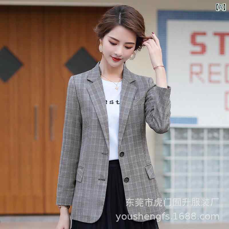 テーラードジャケット レディース 女性用 スーツ ブレザー オフィス 通勤 カジュアル きれいめ 上品 シングル ストレート 長袖 切り替え ポリエステル 春夏 グレー チェック 事務服 上着 羽織り 韓国ファッション