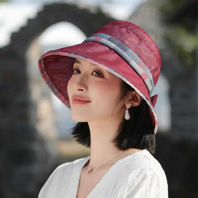 帽子 レディース 春夏 遮光 ハット つば広 日除け 紫外線対策 UVカット リボン チェック柄 小顔効果 通気性 蒸れにくい 折りたたみ コンパクト 高級感 エレガント きれいめ お出かけ 旅行 通勤 カーキ ネイビー
