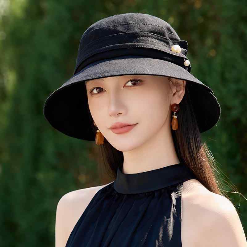 バケットハット レディース 春夏 帽子 ぼうし UVカット 紫外線対策 日除け つば広 遮光 小顔効果 パール 装飾 刺繍 上品 高級感 シンプル カジュアル 軽量 通気性 吸汗速乾 ブラック カーキ コーヒー 旅行 お出かけ レジャー