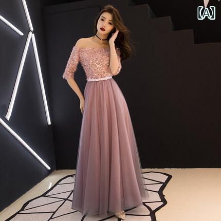 Dresses - ワンピース レディース 披露宴 二次会 発表会 パーティードレス ロング丈 ブライズメイド イブニングドレス フォーマル 五分袖 ラウンドネック ピンク スパンコール チュール 切り替え 透け感 Aライン フレア プリンセスライン 高級感 上品 清楚 か