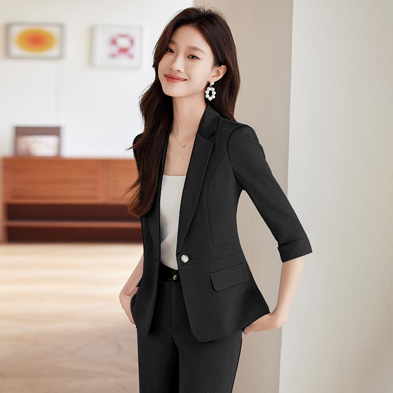 セットアップ レディース 春夏 スーツ テーラードジャケット ワイドパンツ 七分袖 ポリエステル ブルー ブラック ベージュ 高級感 きれいめ 上品 オフィスカジュアル フォーマル 通勤 おしゃれ 事務服 ボトムス 無地