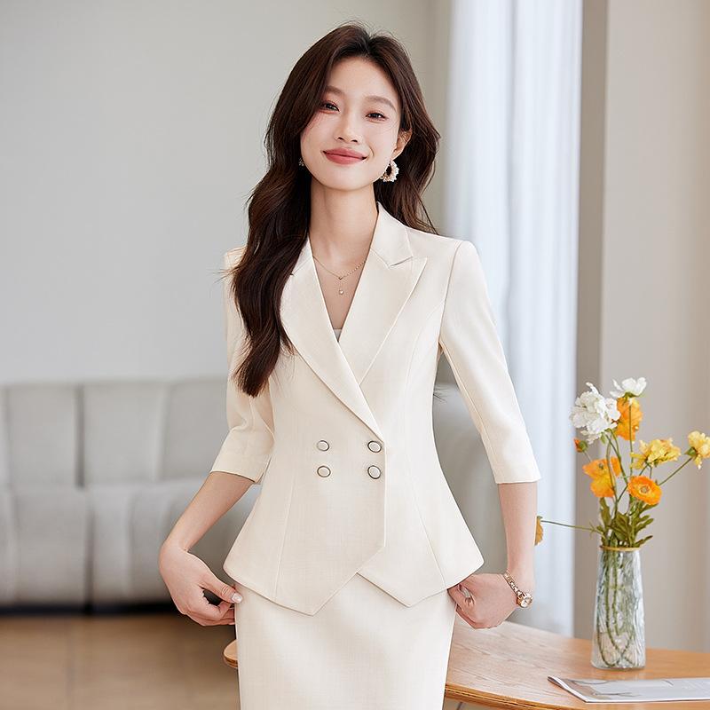 セットアップ レディース スーツ 七分袖 春夏 テーラードジャケット パンツ スカート ショート丈 ウエストマーク 通勤 オフィス 美容院 ピンク ブルー アプリコット ポリエステル レーヨン きれいめ 高級感 無地
