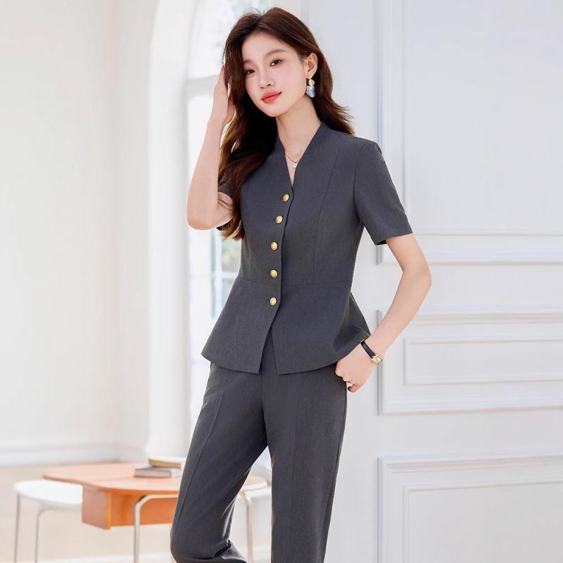 セットアップ レディース 春夏 半袖 テーラードジャケット ビジネススーツ 事務服 受付 接客 オフィス パンツ スカート ボトムス 上品 清楚 高級感 快適 グレー ブラック ブルー ポリエステル