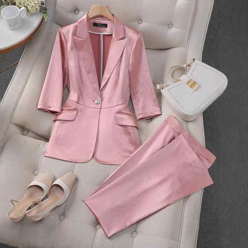 セットアップ レディース パンツスーツ テーラードジャケット 七分袖 春夏 薄手 軽量 接触冷感 高級感 フォーマル 通勤 オフィス ビジネス きれいめ 上品 エレガント ボトムス スラックス プラチナグレー ピンク