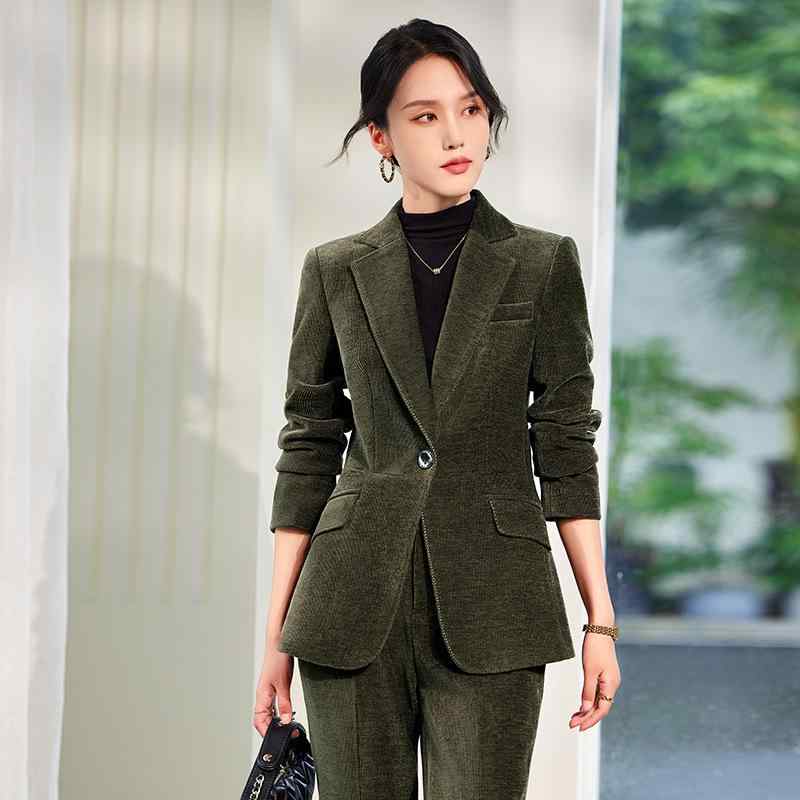 乐天商城 - スーツ レディース セットアップ テーラードジャケット ロングパンツ 長袖 ビジネス オフィス 通勤 秋冬 ポリエステル 事務服 きれいめ 上品 エレガント 無地 高級感 体型カバー スラックス カーキ ブラウン