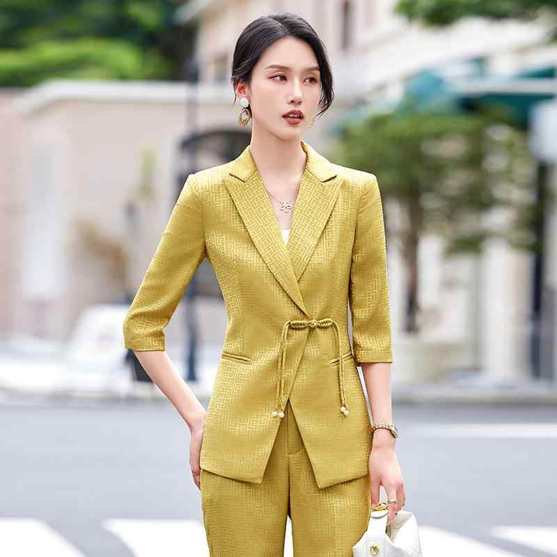 パンツスーツ レディース セットアップ 七分袖 ジャケット ボトムス スラックス ビジネス オフィス 通勤 事務服 フォーマル ポリエステル ピンク イエロー 無地 きれいめ テーラード 伸縮性 上品 エレガント 高級感 秋冬 着痩せ