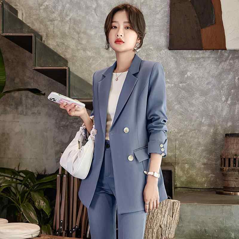 セットアップ レディース スーツ テーラードジャケット ロングパンツ ズボン ボトムス 通勤 フォーマル オフィスカジュアル 上品 高級感 ゆったり 春 秋冬 無地 ポリエステル 綿混 再生繊維 ブラック ブルー 長袖
