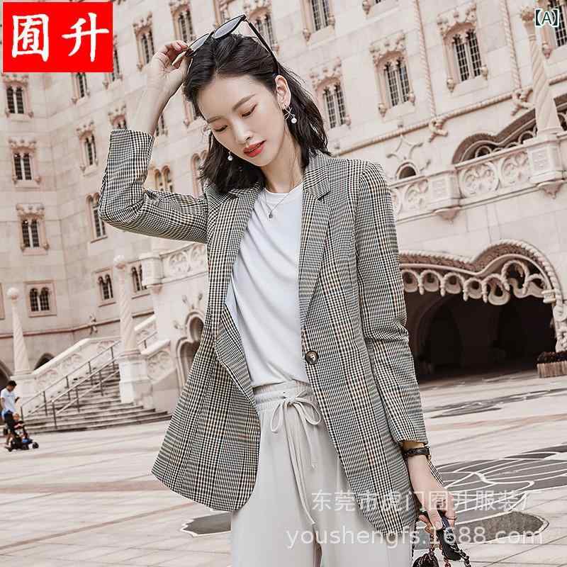 テーラードジャケット レディース チェック柄 ブレザー 事務服 英国風 韓国 通勤 オフィスカジュアル 襟 長袖 シングルボタン 切り替え ゆったり ビッグシルエット ポリエステル 春夏 グレー ブラウン
