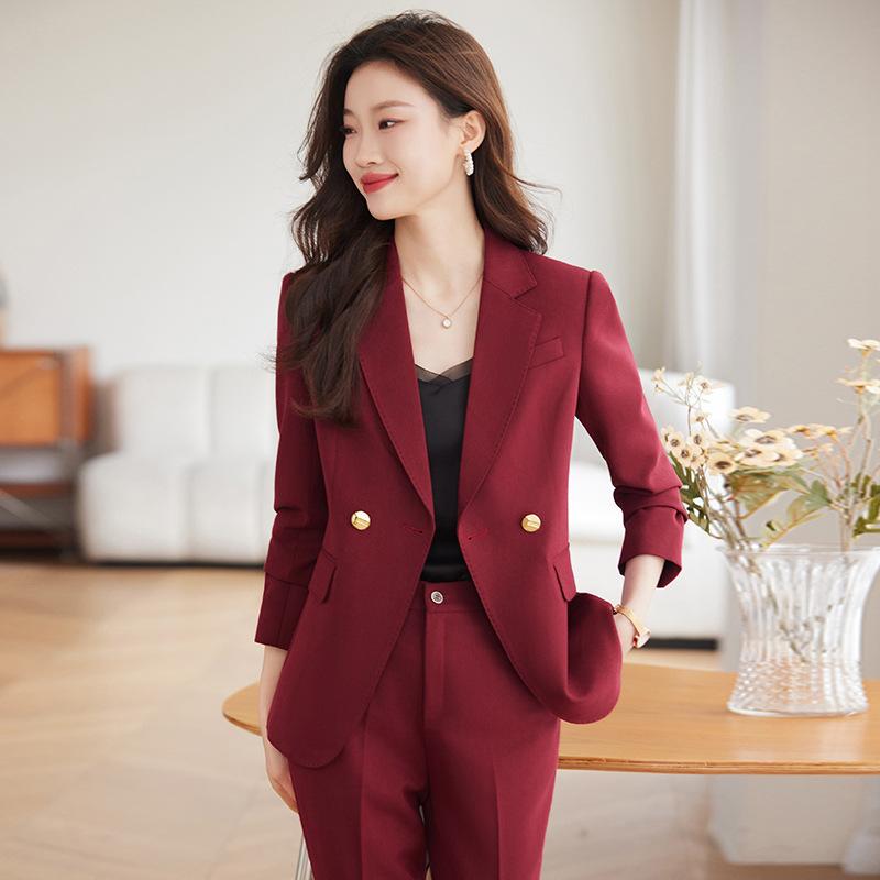 セットアップ レディース 春秋 パンツスーツ テーラードジャケット 事務服 通勤 普段使い 上品 エレガント 高級感 小柄 低身長 長袖 ズボン 綿混 ポリエステル レーヨン 無地 ワインレッド ライトブルー ブラック