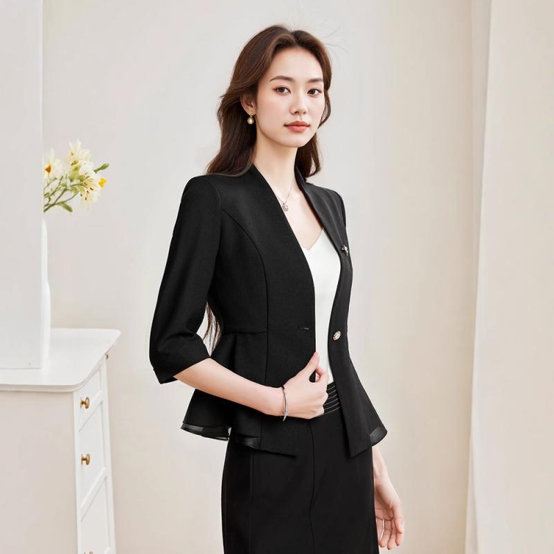Other Jackets Jumpers - ジャケット レディース 春夏 ノーカラー アウター トップス 通勤 事務 美容院 七分袖 ショート丈 スリム 細見え ストレッチ 伸縮性 軽量 無地 シンプル きれいめ 上品 ポリエステル ホワイト ブラック