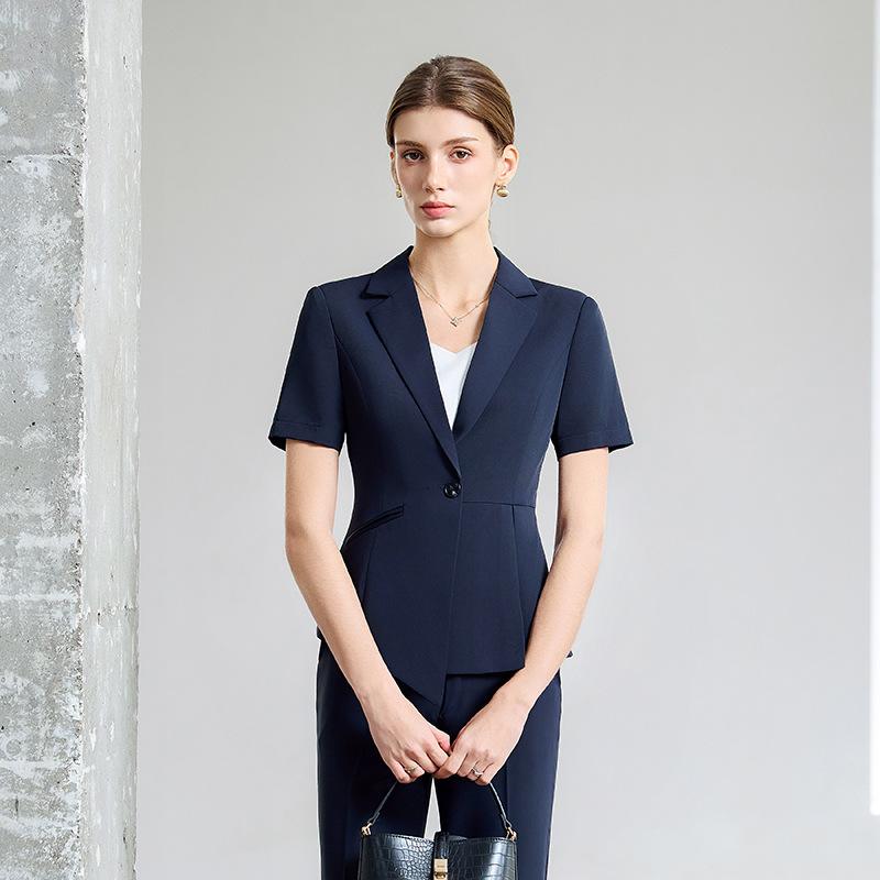 セットアップ レディース 春夏 半袖 テーラードジャケット 九分丈 クロップドパンツ ビジネス 接客 制服 グレー ブラック ネイビー ストレッチ ポリエステル レーヨン シワになりにくい 高級感 涼しい 清潔感