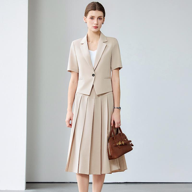 セットアップ レディース 春夏 通勤 オフィス ビジネス 半袖 ショート丈 ジャケット プリーツスカート 膝丈 ウエストマーク きれいめ 上品 エレガント 事務服 スーツ ポリエステル 黒 グレー アプリコット