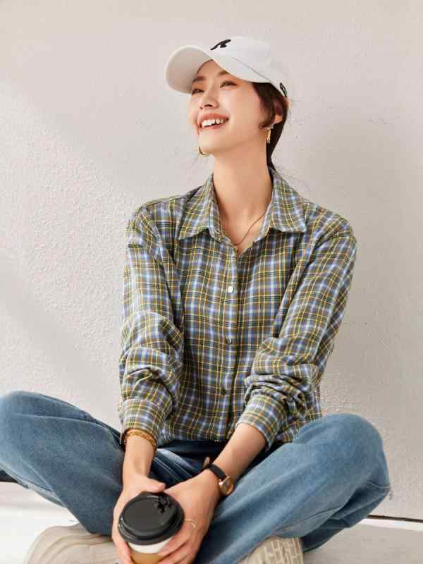 シャツ レディース チェック柄 ブラウス 長袖 トップス 春秋 グリーン オフィス 通勤 仕事服 ゆったり ビッグシルエット ポリエステル ..
