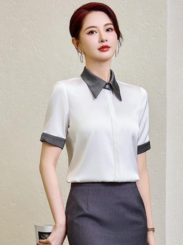 Rakuten - シャツ レディース 半袖 ブラウス トップス 春夏 通勤 事務服 ビジネス 白 ベージュ ブルー ストレッチ 吸汗速乾 形態安定 ノーアイロン 防シワ スリム 細見え 襟 バイカラー 高級感 無地 ポリエステル