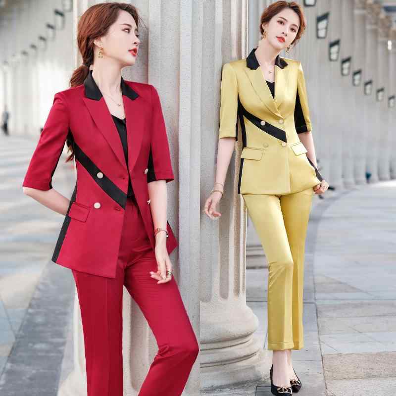 セットアップ レディース パンツスーツ ジャケット テーラードジャケット ズボン サテン 光沢 高級感 スリム タイト 美シルエット 韓国ファッション 五分袖 オフィス 通勤 ビジネス 春夏 レッド ホワイト ブルー