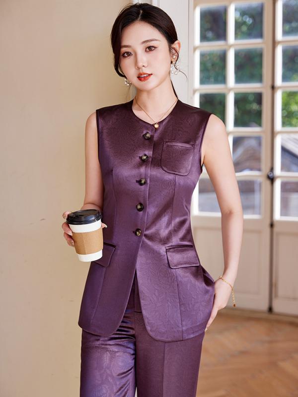 セットアップ レディース 春夏 ベスト ジレ ワイドパンツ ノースリーブ クール 通気性 ストレッチ 通勤 オフィス 普段使い ポリエステル スパンデックス パープル ブルー シャンパン ズボン きれいめ 大人 カジュアル 高級感 無地 大きいサイズ