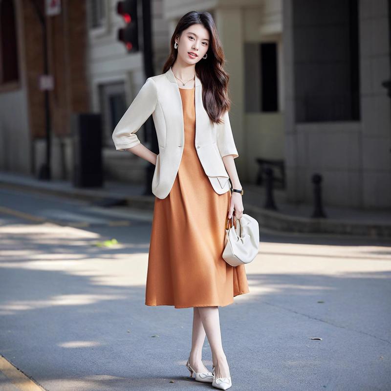 ジャケット レディース セットアップ 春夏 七分袖 ノーカラー 一粒ボタン 無地 プリーツ 形態安定 スカート オフィス 通勤 オフィスカジュアル きれいめ 上品 高級感 ポリエステル ピンク ブラック シャンパン