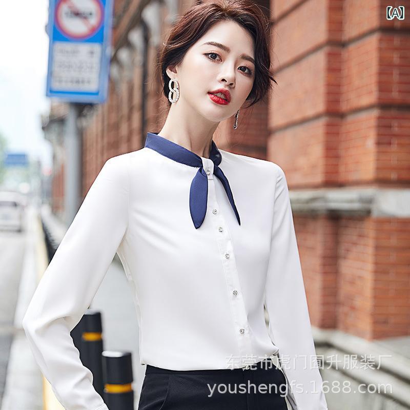 シャツ レディース ブラウス トップス 長袖 ボウタイ リボン 襟 ビジネス 通勤 オフィス 無地 切り替え アシンメトリー タイト 細見え スリム おしゃれ かわいい きれいめ 大人 上品 上着 秋冬 ポリエステル ホワイト ブルー