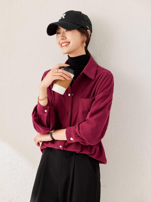 シャツ レディース コーデュロイ 紫 ブラウス トップス 長袖 ジャケット アウター 羽織り ゆったり ビッグシルエット カジュアル 無地 ポロ襟 春秋 通勤 普段使い お出かけ ポリエステル フロントボタン きれいめ 上品