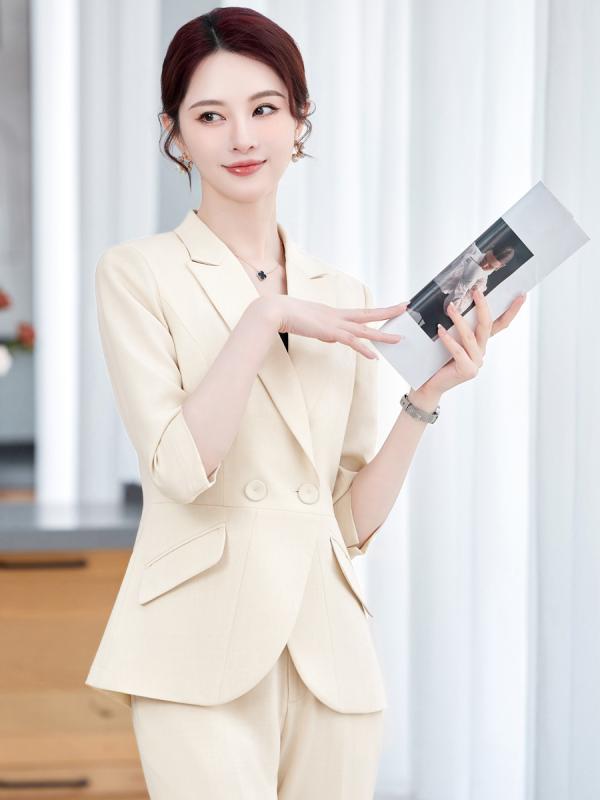 パンツスーツ レディース 春夏 セットアップ 七分袖 テーラードジャケット ボトムス 通勤 オフィス ビジネス 礼服 高級感 快適 伸縮性 ストレッチ ポリエステル ベージュ ブラウン ブラック 無地 シンプル ゆったり 大きいサイズ 体型カバー