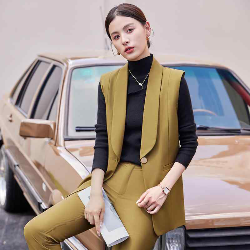 セットアップ レディース テーラードベスト ジレ ノースリーブ パンツスーツ スラックス ズボン 通勤 普段使い フォーマル 春秋 ポリエステル 高級感 大きめサイズ ゆったり アーミーグリーン イエロー ブラック