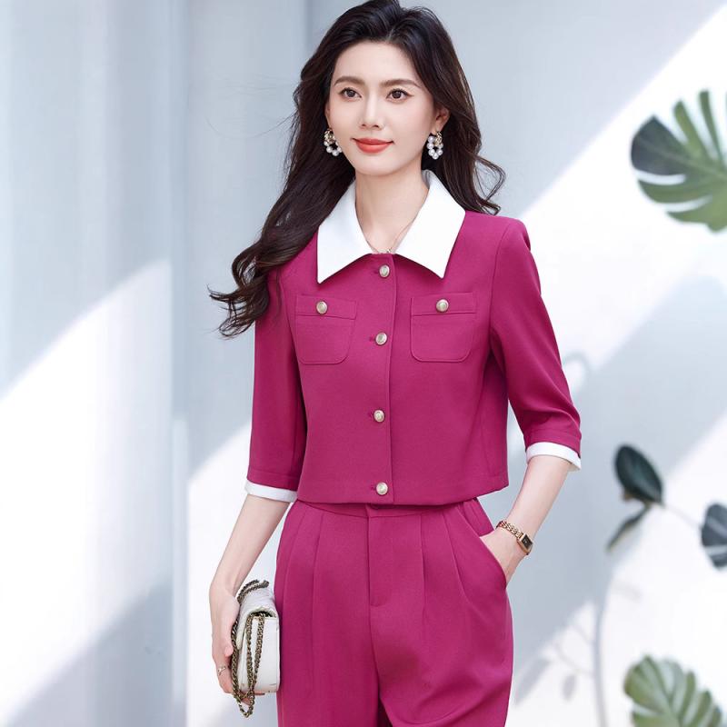 セットアップ レディース 春夏 ジャケット ポロ襟 配色 ショート丈 ハイウエスト ワイドパンツ フルレングス きれいめ エレガント 通勤 ネイビー カーキ ローズ ポリエステル 伸縮性 七分袖 アンサンブル 婦人服 ズボン ボトムス