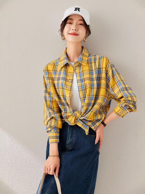 シャツ レディース ブラウス トップス 春秋 長袖 黄 イエロー チェック 格子柄 襟 前開き 通勤 普段使い お出かけ きれいめ 上品 清楚 カジュアル ゆったり 体型カバー 抜け感 羽織り 伸縮性 ポリエステル 形態安定