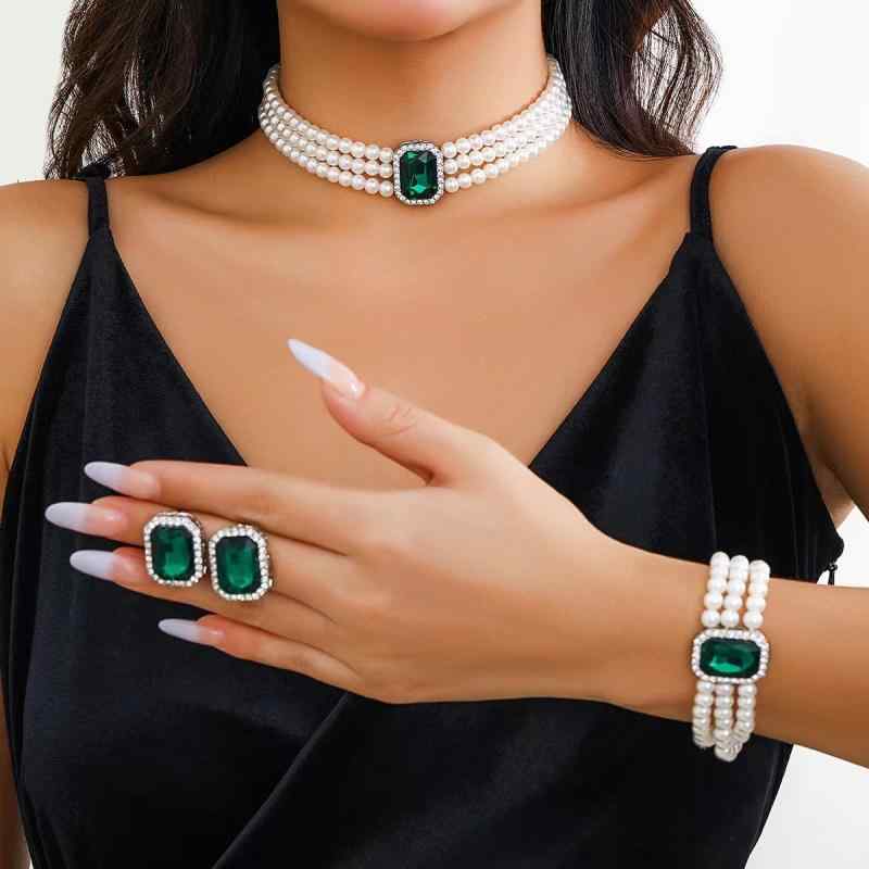 Rhinestone - アクセサリーセット レディース チョーカー ネックレス ピアス ブレスレット フェイクパール ターコイズ ビーズ エスニック レトロ 高級感 電気メッキ加工 クリスタル グリーン ホワイト ブルー 春夏 普段使い パーティー 結婚式