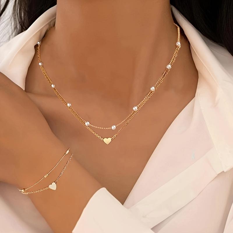 ネックレス ブレスレット セット レディース ハート パール 二連 レイヤード 重ね付け 高級感 ゴールド シルバー インポート 電気メッキ加工 合金 アクセサリー ジュエリー 腕輪 ペンダント 上品 華奢 大人かわいい フェミニン 通勤 普段使い 結婚