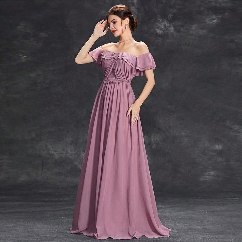 ドレス レディース ワンピース ブライズメイド 結婚式 二次会 披露宴 フォーマル エレガント 高級感 Aライン 刺繍 オフショルダー バックレス 半袖 春夏 ポリエステル マキシ丈 体型カバー 清楚 かわいい