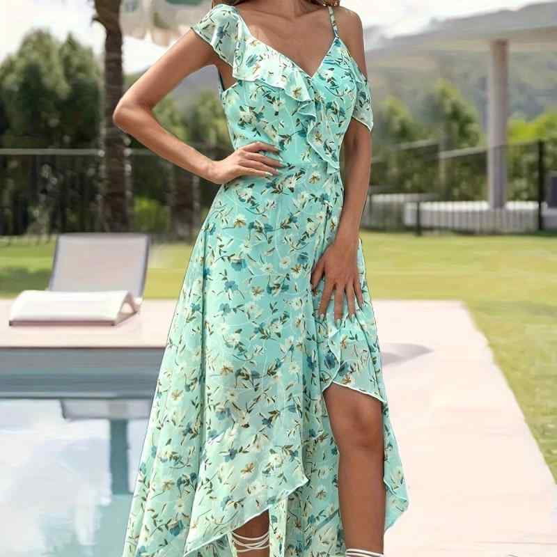 ロングドレス レディース ノースリーブ キャミソール Aライン フレア バックレス 背中あき シフォン ポリエステル 花柄 ボタニカル ライトグリーン 演奏会 披露宴 パーティー 秋冬 高級感 ブライズメイド マキシ丈