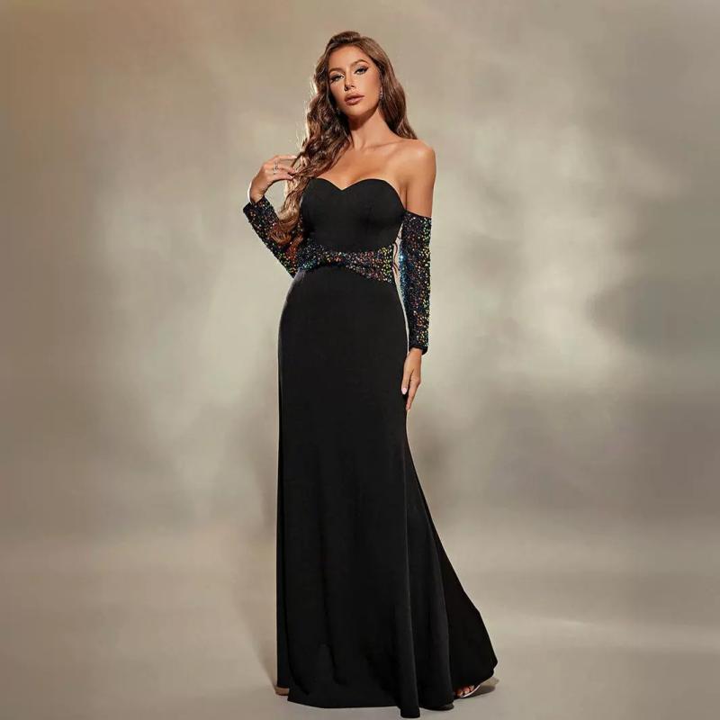 ドレス レディース ロング丈 結婚式 二次会 パーティー 春夏 ポリエステル ワンショルダー ベアトップ Aライン 背中あき セクシー 着痩せ 黒 ブラック フォーマル 無地 スリット エレガント ノースリーブ 高級感 礼服