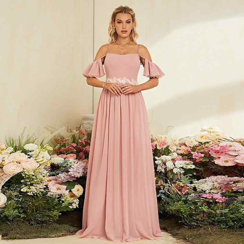 ドレス レディース ブライズメイド 結婚式 披露宴 パーティー フォーマル ロング ワンピース マキシ丈 シフォン ポリエステル オフショルダー 半袖 ピンク フェミニン 上品 清楚 エレガント 高級感 秋冬 Aライン お揃い