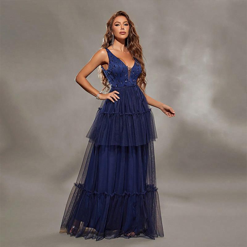 ワンピース ドレス レディース パーティー ティアード チュール マキシ丈 キャミソール 深Vネック 背中あき Aライン 刺繍 高級感 春夏 発表会 二次会 透け感 エレガント 上品 ノースリーブ ポリエステル フォーマル