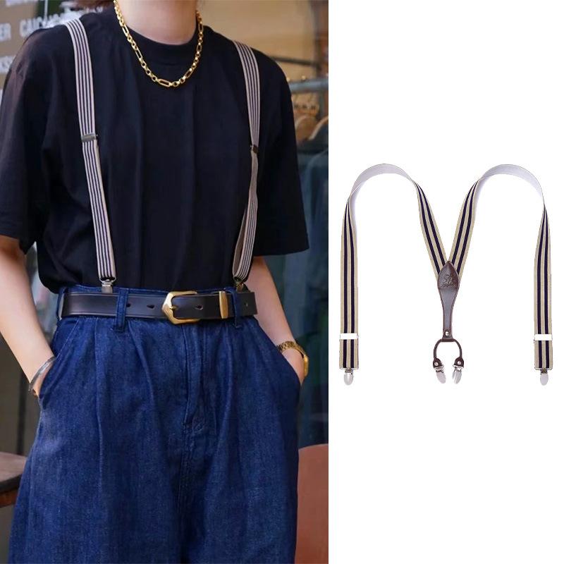 サスペンダー メンズ ズボン吊り ブレイシーズ 4クリップ ビジネス カジュアル フォーマル 牛革 レザー 伸縮性 ストレッチ ストライプ ジャガード X型 安定感 強力 合金 長さ調整 フリーサイズ 紳士 ブラック グレー ネイビー