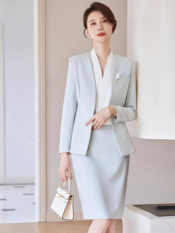 セットアップ レディース スカートスーツ 上下セット スーツ 長袖 ひざ丈 通勤 司会 オフィス 事務服 制服 きれいめ 上品 エレガント 高級感 春夏 ストレッチ 素材 ポリエステル ブラック ネイビー グレー