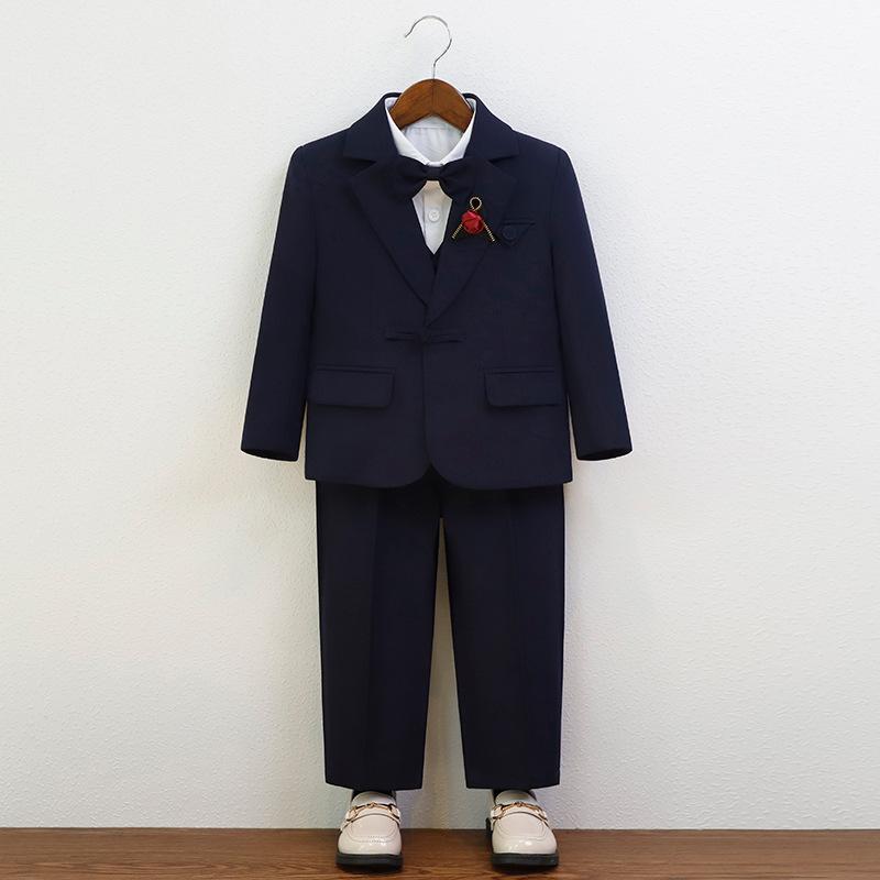 樂天商城 - スーツ 男の子 キッズ 子供用 礼服 フォーマル セットアップ 英国風 結婚式 発表会 七五三 秋冬 Vネック 長袖 無地 高級感 グレー ネイビー 柔らかい ポリエステル ジャケット ベスト パンツ シャツ 蝶ネクタイ