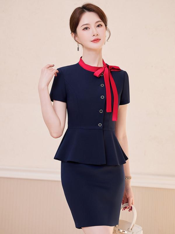セットアップ レディース スーツ 半袖 ジャケット オフィスウェア ユニフォーム 春夏 薄手 高級感 上品 ホテル 接客 美容院 スカート パンツ ボトムス 膝丈 ポリエステル ブラック ブルー レッド ストレッチ