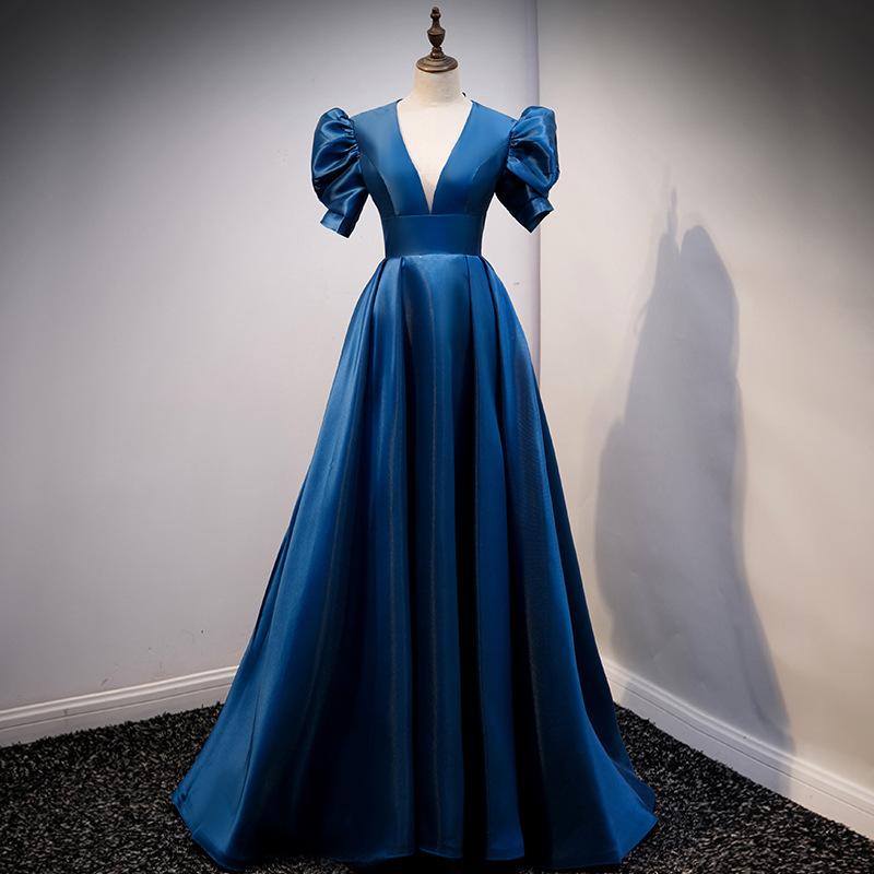 Other - ドレス レディース 演奏会 パーティー マキシ丈 ワンピース ステージ衣装 豪華 刺繍 パフスリーブ ぽわん袖 深Vネック 背中編み上げ エレガント 高級感 ブルー 春夏 華やか 上品 リネン混 ポリエステル ロング Aライン
