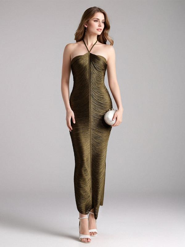 ワンピース レディース 春夏 ドレス ホルターネック バンテージ タイト セクシー フリンジ ノースリーブ ミモレ丈 チューブトップ ストレッチ パーティー 二次会 結婚式 高級感 ホワイト カーキ アーミーグリーン