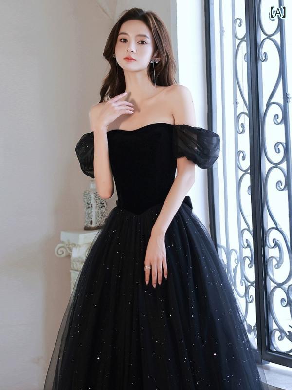 パーティードレス レディース イブニング フォーマル ロング丈 黒 ブラック 春夏 アセテート 高級感 エレガント 上品 フレンチスタイル Uネック 半袖 マキシ Aライン ハイウエスト 成人式 謝恩会 演奏会