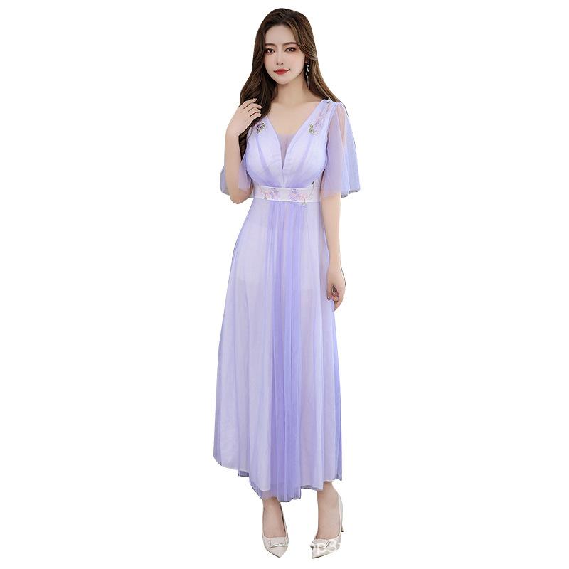 ワンピース レディース ロング丈 フレアスリーブ 半袖 Vネック メッシュ チュール 透け感 体型カバー 着痩せ ハイウエスト 秋冬 かわい..