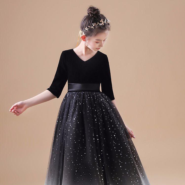 ドレス 女の子 キッズ 発表会 演奏会 ピアノ フォーマル プリンセス 星空柄 キラキラ 長袖 5分袖 ラウ..