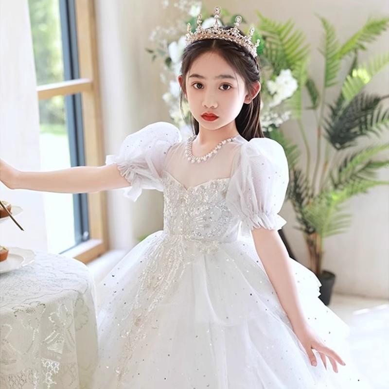 ドレス 女の子 子供 キッズ ワンピース ピアノ発表会 結婚式 ステージ衣装 白 ホワイト チュール レース パフスリーブ プリンセス ふんわり ボリューム かわいい お姫様 ポリエステル フォーマル セレモニー オールシーズン