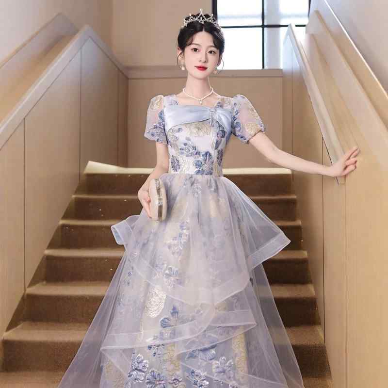 樂天商城 - ドレス レディース 春夏 ロング パーティー イブニング 成人式 卒業式 お呼ばれ Uネック 半袖 Aライン ハイウエスト グラデーション アセテート 高級感 上品 グレー フェミニン フォーマル 清楚 きれいめ エレガント 光沢 マキシ ゲスト