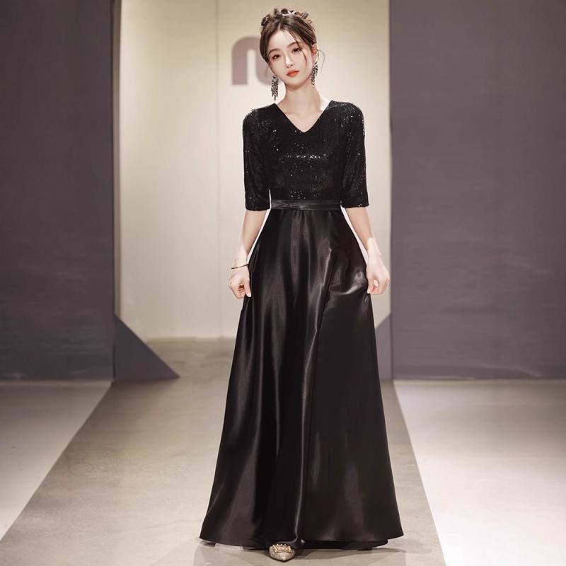 Rakuten - ドレス レディース イブニング パーティー ロング丈 ワンピース 礼服 衣装 ブラック 黒 スパンコール 演奏会 披露宴 二次会 合唱団 指揮者 七分袖 Vネック ポリエステル スリム 春夏 タイト 高級感