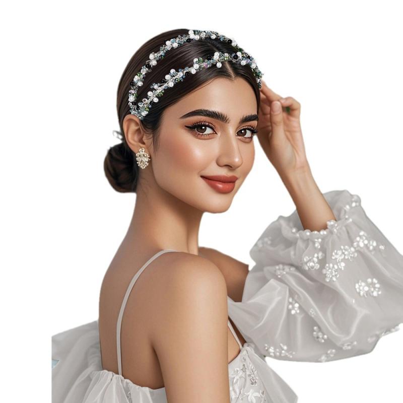 カチューシャ レディース ヘアバンド ヘッドドレス 髪飾り 秋冬 ダブル パール ビーズ ハンドメイド ビジュー ラインストーン 緑 アシンメトリー 上品 エレガント 高級感 ナチュラル 通勤 お出かけ 普段使い 華やか 大人かわいい