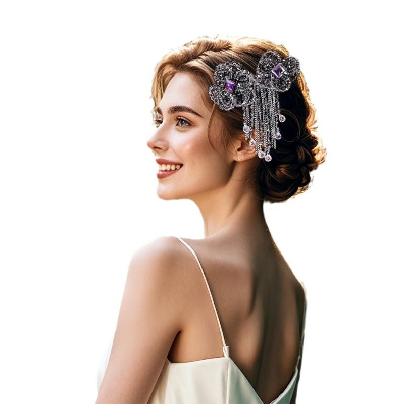 ヘアアクセサリー レディース バレッタ ヘアクリップ 髪飾り グレー 灰 高級感 シンプル 花 フラワー スウィート フェミニン 上品 清楚 クリスタル ハンドメイド サイドクリップ リボン タッセル メッシュ ラインストーン 秋冬 韓国 お呼ばれ 結
